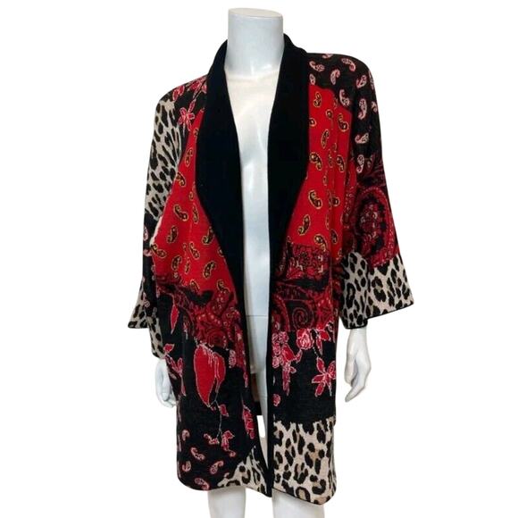 Alice + Olivia Cardigan Hester S RED BLACK Paisley Cheetah Patchwork Oversized - Picture 3 of 16